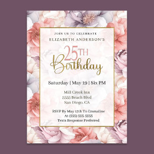 Elegant Coral and Lavender Peony 25th Birthday Invitation