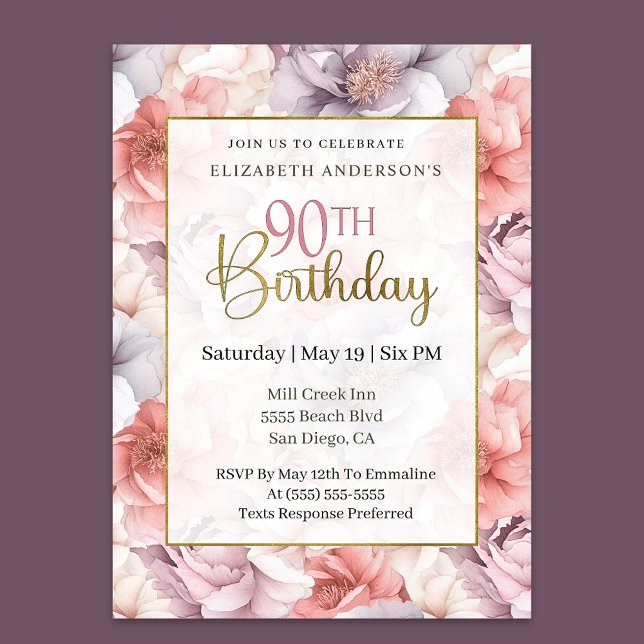 Elegant Coral and Lavender Peony 90th Birthday  Invitation (Creator Uploaded)