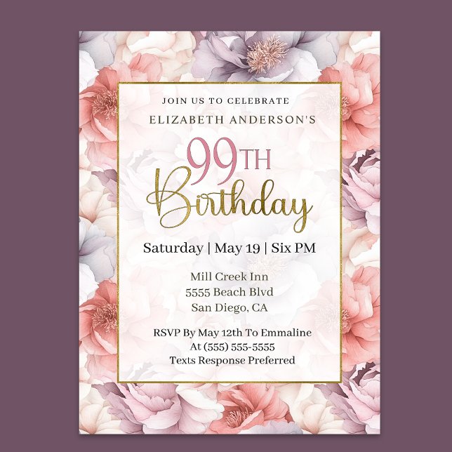 Elegant Coral and Lavender Peony 99th Birthday  Invitation (Creator Uploaded)