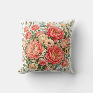 Elegant Coral and Peach Peony Floral Bouquet Throw Pillow