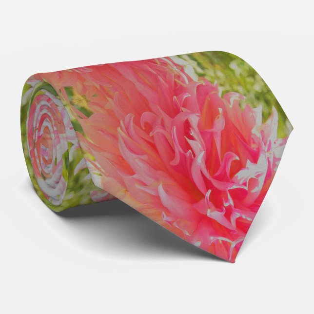 Elegant Coral and Pink Decorative Dahlia Neck Tie (Rolled)