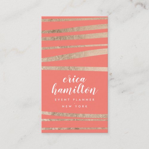 Elegant coral and rose gold foil striped geometric business card