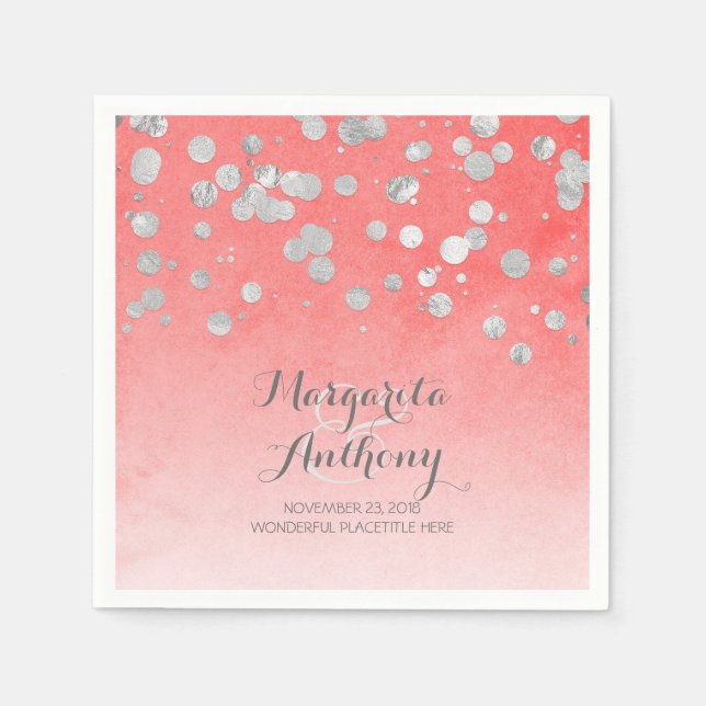 Elegant Coral and Silver Wedding Paper Napkins (Front)