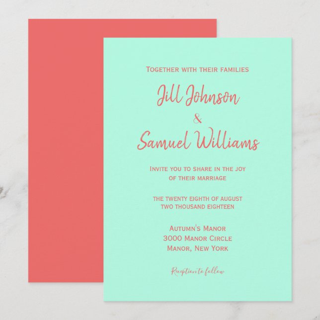 Elegant Coral and Turquoise Invitation (Front/Back)