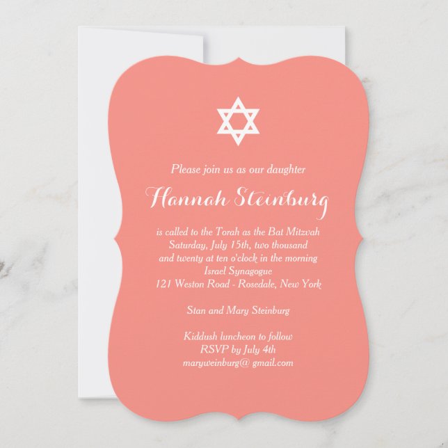 Elegant Coral Bat Mitzvah Invitation (Front)