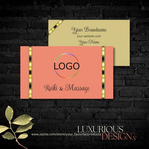 Elegant Coral Beige with Golden Stripes and Logo Business Card