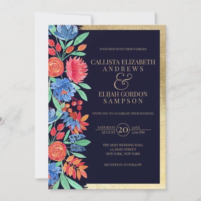 Elegant Coral Blue Gold Floral Watercolor Wedding Invitation (Front)