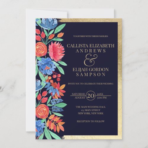 Elegant Coral Blue Gold Floral Watercolor Wedding Invitation