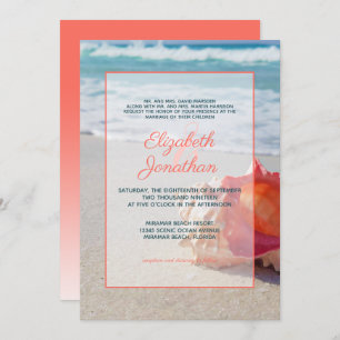Elegant Coral Blue Tropical Beach Ombre Wedding Invitation