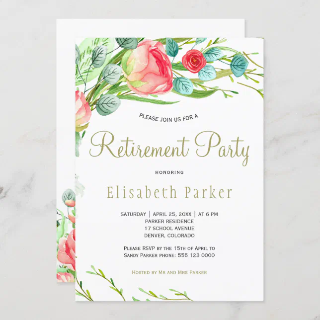 Elegant coral blush garden roses retirement party invitation | Zazzle