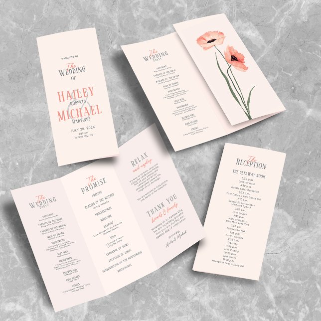 Elegant Coral Botanical Wedding Program Brochure (Creator Uploaded)