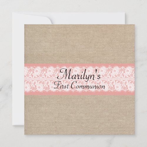 Elegant Coral Burlap Lace First Communion Invite