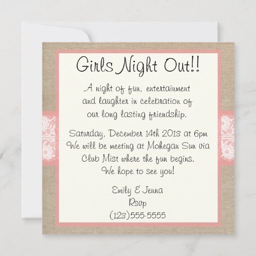 Elegant Coral Burlap Lace Girls Night Out Invite Zazzle