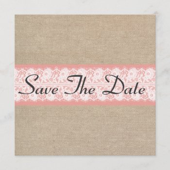 Elegant Coral Burlap Lace Save The Date by Mintleafstudio at Zazzle