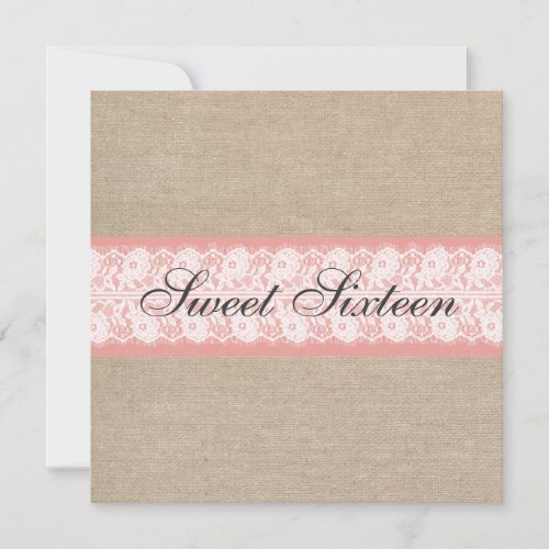 Elegant Coral Burlap Lace Sweet Sixteen Birthday Custom Invitation