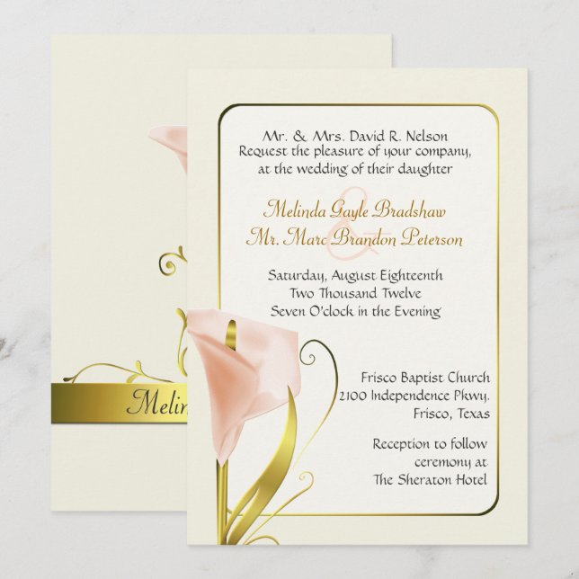 Elegant Coral Calla Lily Wedding Invitation (Front/Back)