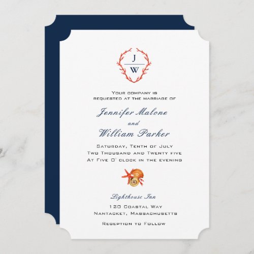 Elegant Coral crest with initial Beach wedding  Invitation
