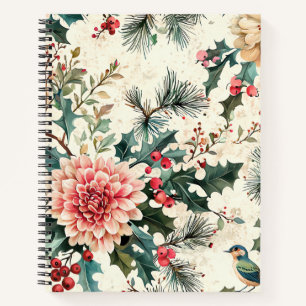 Elegant Coral Dahlia Holly Christmas Cream Notebook