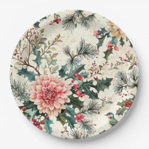 Elegant Coral Dahlia Holly Christmas Cream Paper Plates