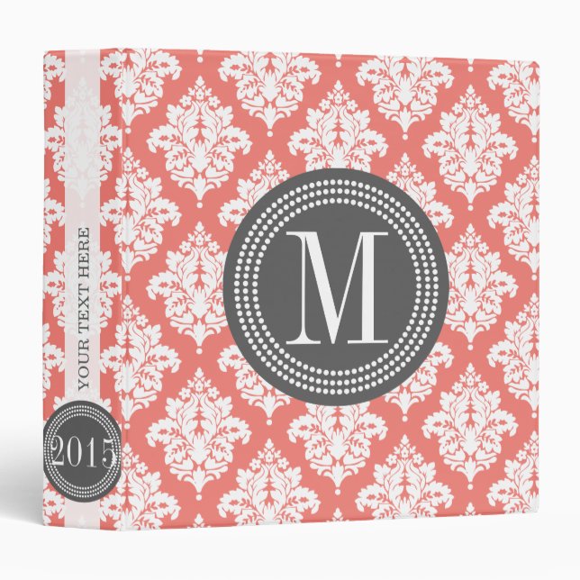 Elegant Coral Damask Personalized 3 Ring Binder (Front/Spine)