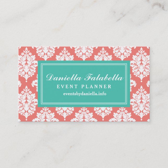 Elegant Coral Damask Personalized Business Card (Front)