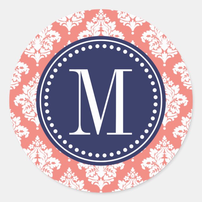 Elegant Coral Damask Personalized Classic Round Sticker (Front)