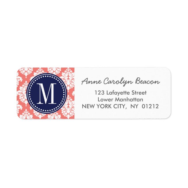 Elegant Coral Damask Personalized Label (Front)