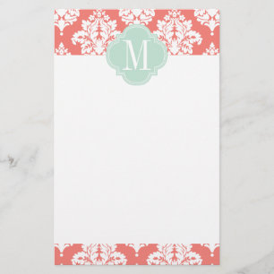 Elegant Coral Damask Personalized Stationery