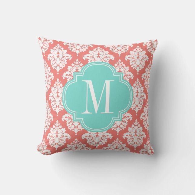 Elegant Coral Damask Personalized Throw Pillow (Front)