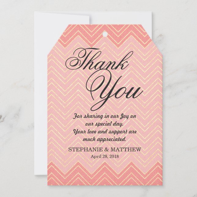 Elegant Coral & Faux Gold Zigzag Chevron Thank You Card (Front)