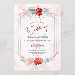 Elegant Coral Floral Geometric Marble Wedding Invitation