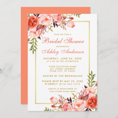 Elegant Coral Floral Gold Bridal Shower Invitation
