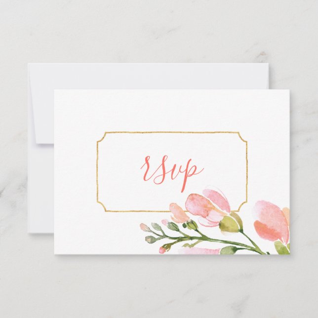 Elegant Coral Floral Gold Geometric RSVP Card (Front)