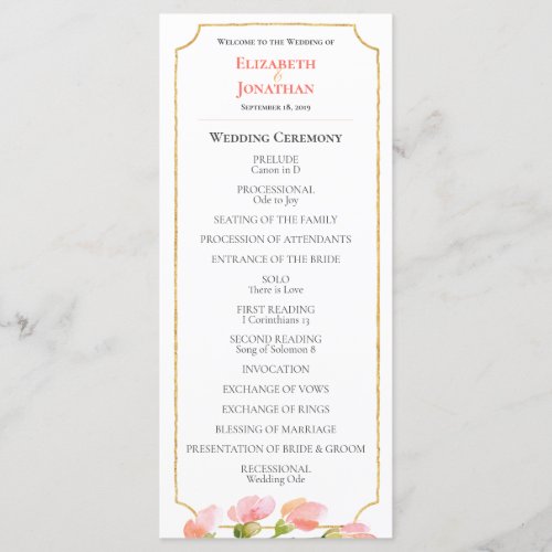 Elegant Coral Floral Gold Geometric Wedding Program