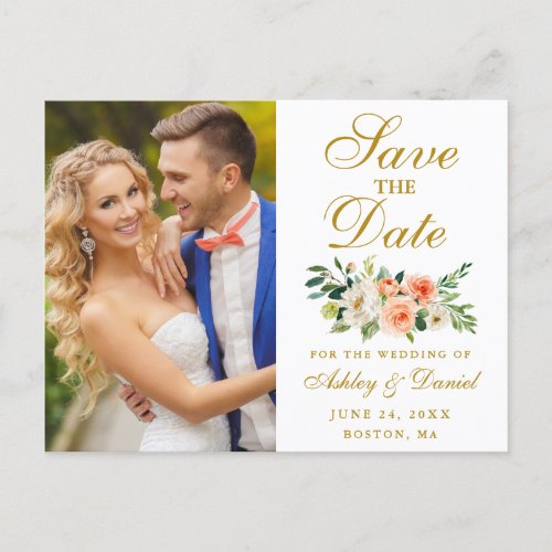 Elegant Coral Floral Gold Photo Save The Date Postcard