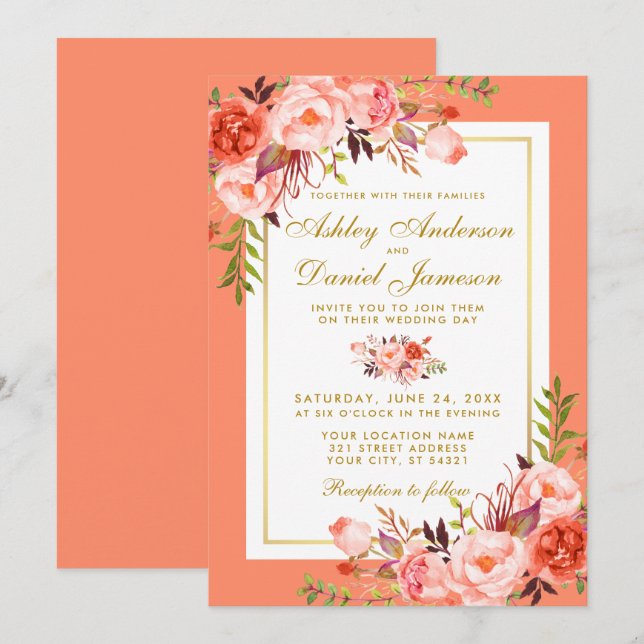 Elegant Coral Floral Gold Wedding Invitation (Front/Back)
