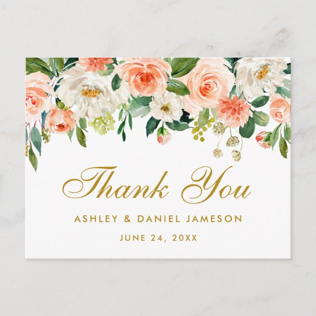 Elegant Coral Floral Gold Wedding Thank You Postcard (Front)