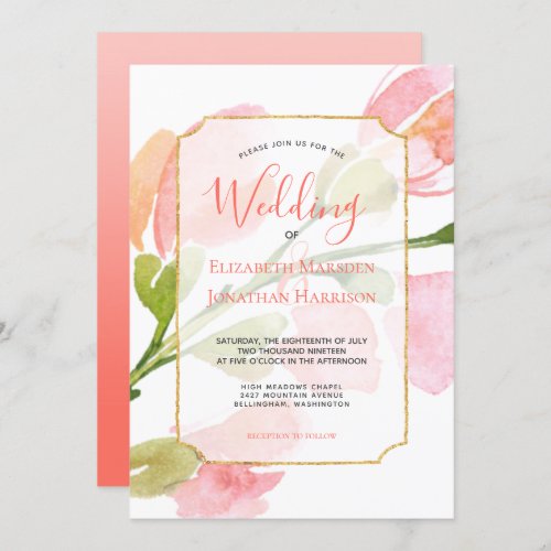 Elegant Coral Floral Ombre Gold Geometric Wedding Invitation