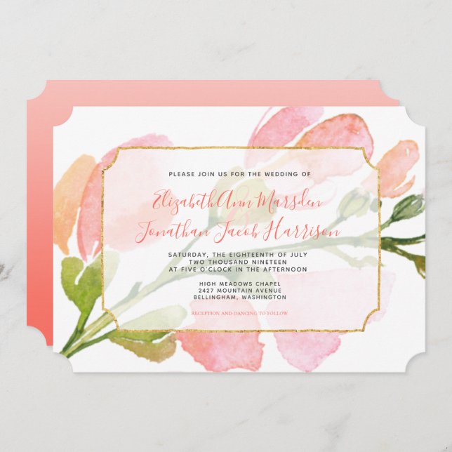Elegant Coral Floral Ombre Gold Geometric Wedding Invitation (Front/Back)
