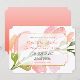 Elegant Coral Floral Ombre Gold Geometric Wedding Invitation