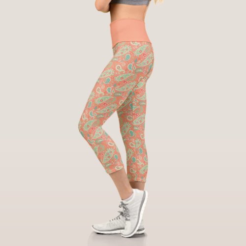 Elegant Coral Floral Paisley Capri Leggings