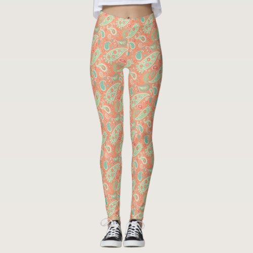 Elegant Coral Floral Paisley Leggings