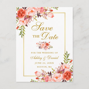 Elegant Coral Floral Save the Date Gold Announcement Postcard