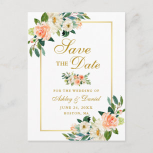 Elegant Coral Floral Save the Date Gold Announcement Postcard