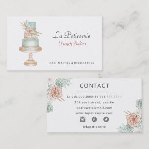Elegant Coral Floral Wedding Cake Makers Bakery Business Card