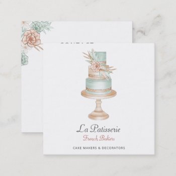 Elegant Coral  Floral Wedding Cake Makers Bakery Square Business Card by MG_BusinessCards at Zazzle