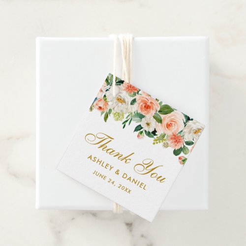 Elegant Coral Floral Wedding Thank You Gold Favor Tags