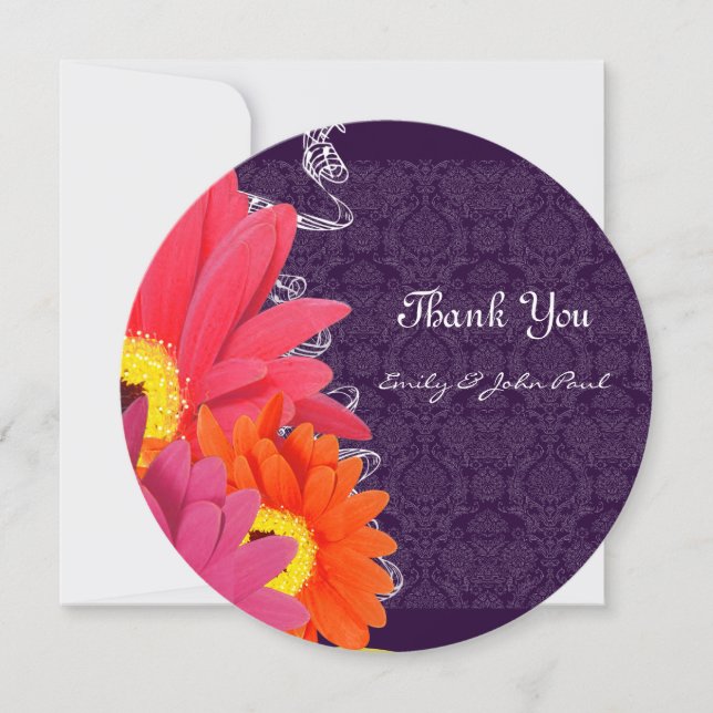 Elegant Coral Fuchsia Eggplant Gerber Daisy Thank You Card (Front)