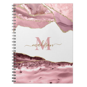 Elegant Coral Geode Agate Monogrammed Gold Glitter Notebook