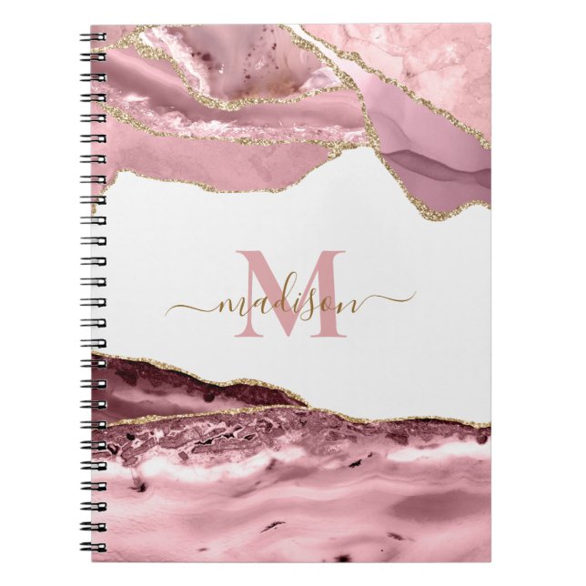 Elegant Coral Geode Agate Monogrammed Gold Glitter Notebook (Front)